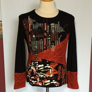 Fresh FX Womens Pullover Top Medium Black Orange Knit Lettering Long Sleeve NWT